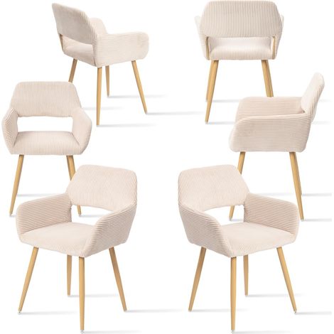 Meuble Cosy Lot de 6 Chaises de Salle à Manger Scandinave Fauteuil Assise Rembourrée en Velours Côtelé Pieds en Métal pour Cuisine Salon Chambre Bureau, Beige Clair (1/5)
