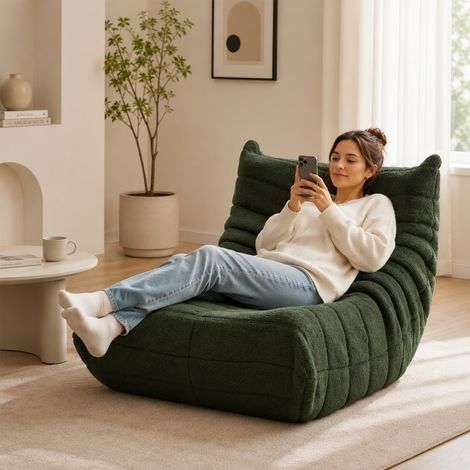 Fauteuil poire en tissu bouclette, fauteuil de sol relax en mousse haute densité, sans montage, chauffeuse 1 place pour salon et chambre – Vert (1/5)