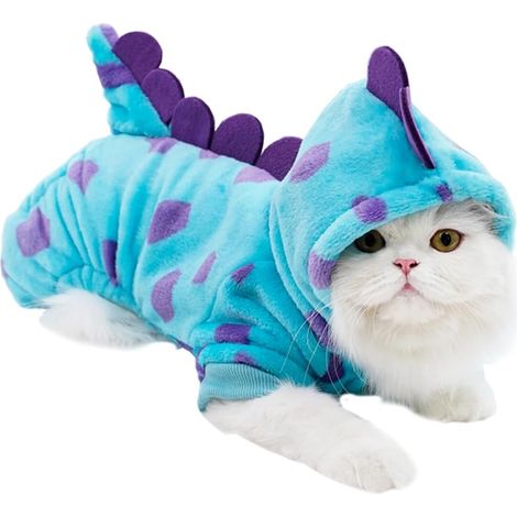 Vêtements pour petits chiens, motif dinosaure, sweat à capuche d'hiver en polaire avec passants de ceinture, costume de dinosaure pour chien idéal pour Noël et Halloween. (Bleu, taille moyenne) (1/5)