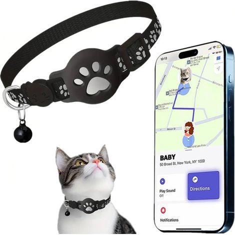 Collar rastreador GPS mascotas (gatos pequeños), Ligero e impermeable cierre seguridad, Collar reflectante ajustable cascabel, Negro, 19-26 cm (1/5)