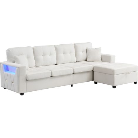Divano modulare a L beige con pouf contenitore, porte USB e Type-C, luci LED, 4 posti (1/5)