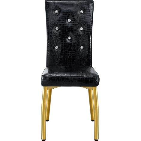 ELVMI Set di 2 Sedie da Pranzo, Schienale Coccodrillo con Bottoni in Cristallo, Metallo e PVC, Nero e Oro (1/5)