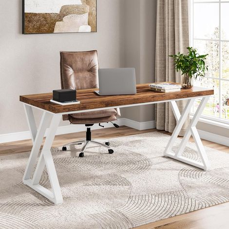 Tribesigns Rustic Computer Desk, Industrial 140 CM Home Office Desk, Farmhouse Wood Metal Work Desk for Writing Study,Z-Shaped Metal Legs,Executive Workstation PC Gaming Table in Bedroom, Walnut White