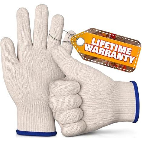 Guantes de cocina resistentes a altas temperaturas, fabricados con malla gruesa, anti-quemaduras y con aislamiento térmico (aptos para hornear, freír, hacer barbacoas, etc.). Par blanco. (1/5)