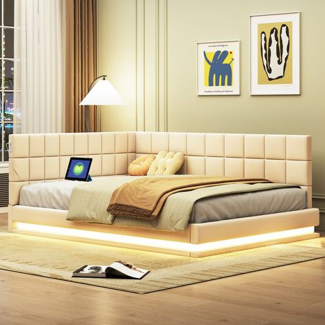 Lit banquette 140x200cm en velours beige, lit multifonction avec LED, port USB et sommier (1/5)