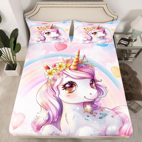 Drap Housse 135x200 Fille Licorne Rose Drap-Housse 2 Personnes Enfant Arc-en-Ciel Galaxie, Drap de Lit Kawaii Licorne Fantastique, Housse de Matelas Fleur Coeur d'amour pour Anniversaire (1/5)