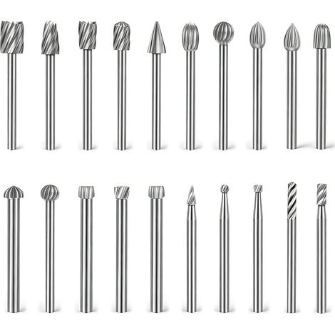 20 Pièces Fraises Rotatives Acier Carbure de Tungstène Double Jeu de Fraises en Carbure Tige de 1/8 inch (3mm) Embouts Outils Rotatifs pour Polissage Métaux, Graveren, Perçage, Sculpture Bois (1/5)