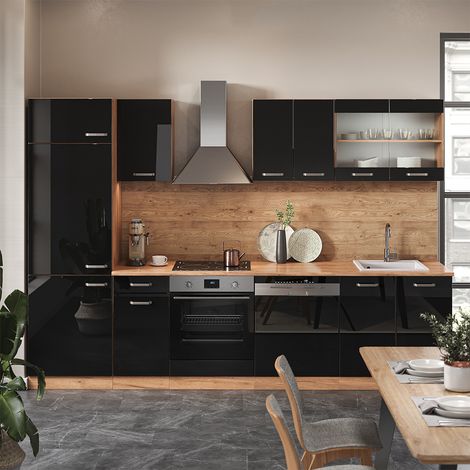 Cucina componibile R-Line, Rovere nero/oro lucido, 300 cm senza piano di lavoro, Vicco (1/5)