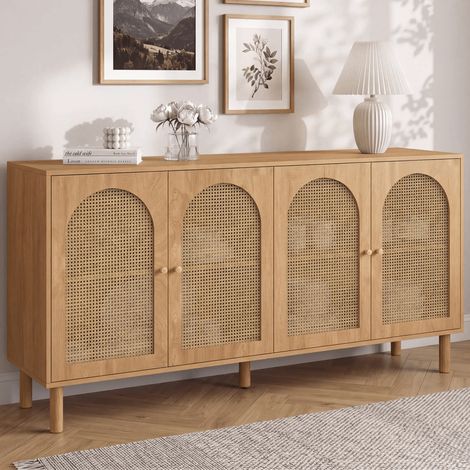 VLORA Aparador 160 cm 4 puertas, forma de arco, madera y mimbre (1/5)