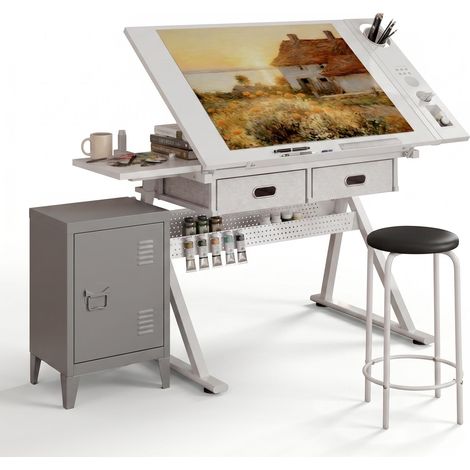 FurnitureR Zeichentisch Set höhenverstellbar mit Metallschrank multifunktionaler Schreibtisch neigbare Tischplatte 0-75 Grad Stauraum Arbeitsstation Home Office Weiß Grau