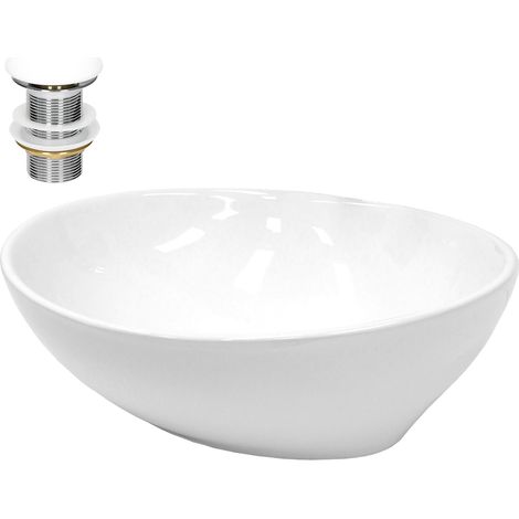 ECD Germany Lavabo Cerámica Blanco Ovalado 410x330x142 mm Incl. Juego De Drenaje Sin Rebosadero Lavamanos Moderno De Encimera Sobremesa Para Baño Aseo Fregadero Colgante Válvula De Desagüe Pop Up (1/5)