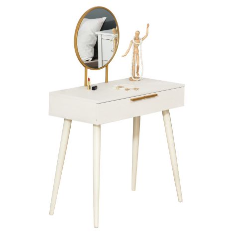 Elegant White Dressing Table with Round Mirror,80x40x123cm-Stylish Makeup Vanity for Home Decor and Beauty Routine