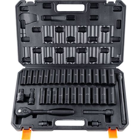Jeu de douilles à chocs 1/2" 33 pièces SAE 3/8"-1" et métrique 10-24mm, acier Cr-V 6 pans, réparation auto, marquages lisibles, coffret (1/5)