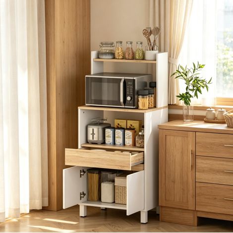 Mobile per microonde con cassetto e armadio bianco effetto rovere 60 x 40 x 131 cm OKWISH (1/5)
