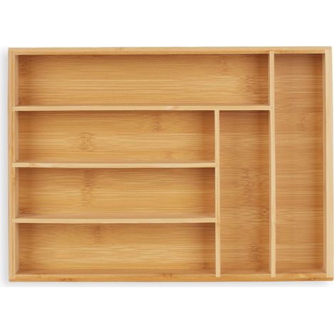 Relaxdays Cubertero Cajón Bambú, Organizador Cubiertos Madera, 6 Compartimentos, 5 x 25,5 x 35,5 cm, Cocina, Natural