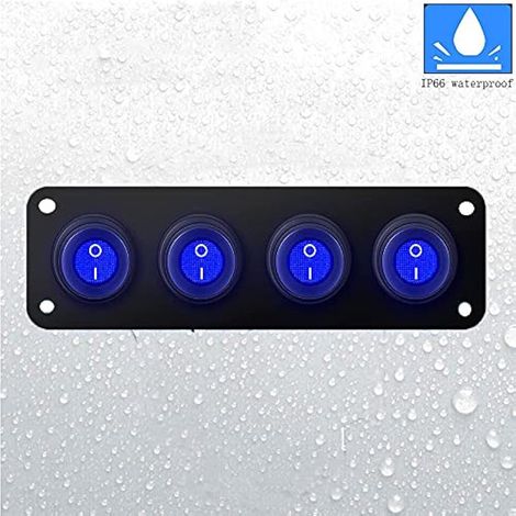 Panneau de disjoncteur étanche IP66 à 4 interrupteurs à bascule avec voyant LED et témoin lumineux bleu, pour bateaux. (1/3)