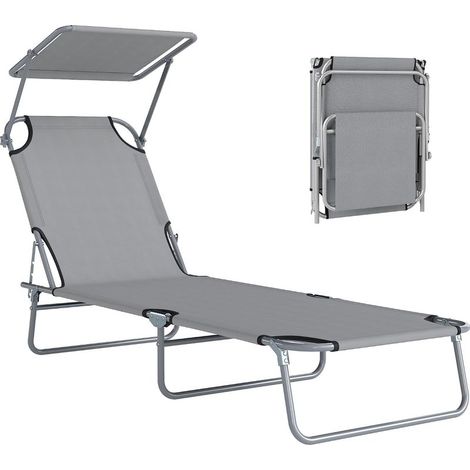 Transat Bain de Soleil Pliable Chaise Longue Pliante Grand Confort Dossier Inclinable Multi-Positions et Pare-Soleil Réglable 187L x 58l x 36H cm Gris Clair (1/5)