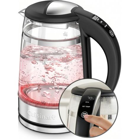Bouilloire en verre 1,7 L à température variable. Ébullition rapide 3 kW, double paroi froide au toucher, sans BPA, Arrêt automatique, bec anti-goutte, base 360° (1/5)