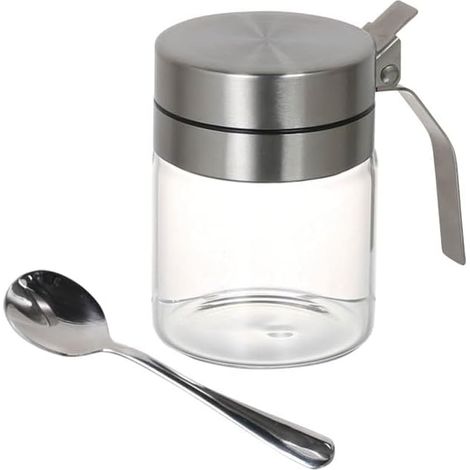 Gewürzglas mit Löffel, 10,1 fl.oz (300 ml), Glasbehälter mit Löffel, Ein-Klick-Deckel, Gewürzbehälter, Vorratsglas, Küchenutensil, Höhe 4,6 Zoll (117 mm), Breite 4,5 Zoll (115 mm), Tiefe