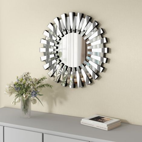 Miroir mural circulaire avec cadre en forme de rayon, style moderne et luxueux pour la décoration intérieure (1/5)