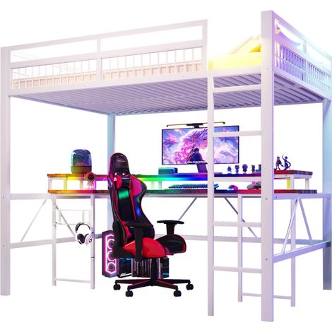 Lit mezzanine 140 x 200 cm en métal et MDF, avec bureau, LED multicolore à application, port USB-C, USB, 2 prises, panneau perforé, blanc  CHICFURN (1/5)