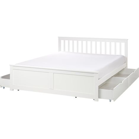 Cama con somier de madera de pino MDF minimalista con almacenaje 4 cajones 160 x 200 cm blanco Olendon (1/4)