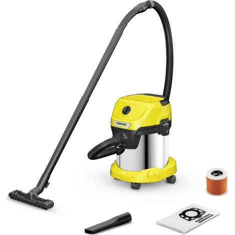 Karcher Aspirateur de chantier eau et pousière WD 3 S V-15 4 20 1000W avec cuve acier inox 15l Soufflerie Câble 4m et flexible 2m