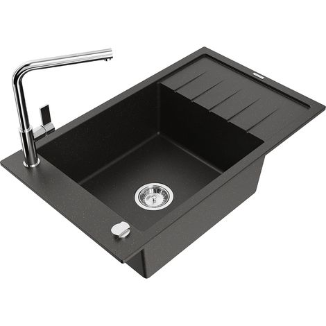 Mexen Elias 1 Becken-Granitspüle mit Abtropffläche und Mischbatterie Flora, Schwarz/Gold metallisch