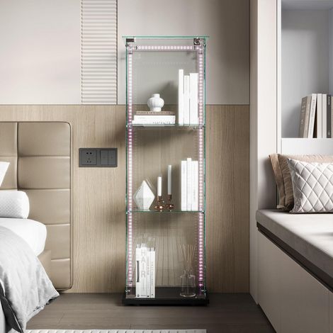 Standvitrine mit LED-Beleuchtung, 3 Etagen, 1 Tür und Schloss, Glasvitrine Schwarz (1/5)