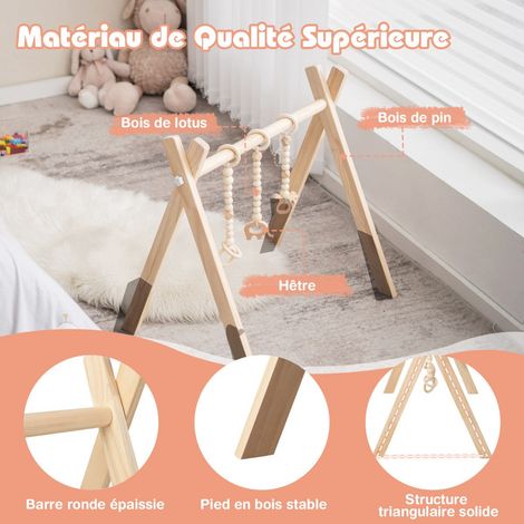 Wooden Baby Gym, Foldable, 3 Hanging Toys, 60x44x60 cm (1/5)