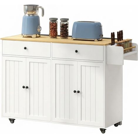 ELVMI Carro de Cocina con Ruedas con 2 Armarios, 2 Cajones, Especiero y Toallero, de Madera, Blanco (1/5)
