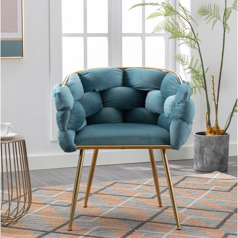 Fauteuil d'appoint moderne en velours bleu avec structure métallique dorée, 58 x 59 x 75 cm (1/5)