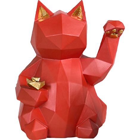 Figurine Maneki Neko Chat Porte-Bonheur en Résine Écologique Rouge Vif, Style Géométrique, pour Bureau, Étagère ou Table (1/5)