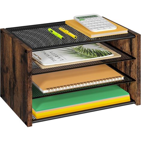 Dreistöckiger Briefablagekorb, Schreibtisch-Organizer aus Holz, stapelbarer, perforierter Schreibtisch-Organizer aus Metall für Bürobedarf. Kleine Papierablagen für Zuhause, Büro oder Schule, rustikal (1/5)