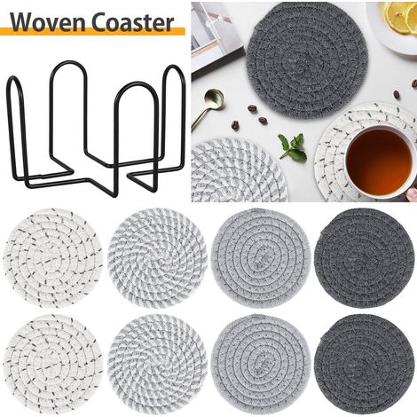 Lot de 8 sous-verres en coton avec support, antidérapants et isolants thermiques, ronds, pour plats chauds, cuisine et bureau. (1/5)