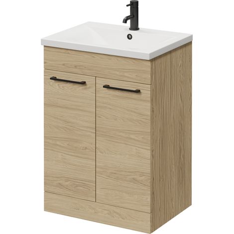 Napoli 460 Light Oak 600mm 2 Door Vanity Unit with Glide Basin - 600mm - Matt Black 160mm Handle