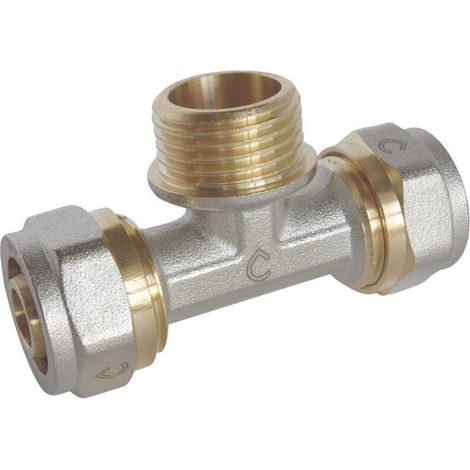 Té à visser pour tube Multicouche Ø16 Mâle 15/21 au centre : Ø16 -M15/21-Ø16 (1/3)