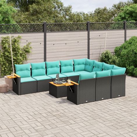 11-tlg. Garten-Sofagarnitur mit Kissen Schwarz Poly Rattan (1/5)