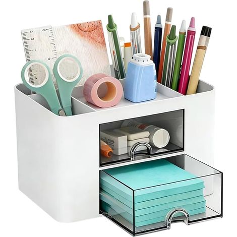 Organisateur de Bureau, Organisateur de Bureau Multifonctionnel, Rangement en Plastique avec 5 Compartiments, 2 Tiroirs Coulissants, Organisateur pour Maison École Bureau (1/5)