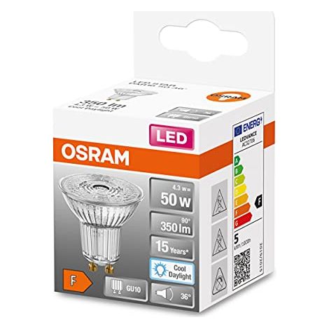 OSRAM LED Star PAR16 50 LED lampada riflettore con 36 gradi di angolo di visione, base GU10, bianco luce del giorno (6500K), sostituzione per le tradizionali lampade spot 50W, 6-pack (1/4)