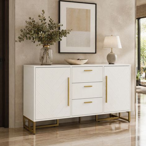 MEUBLIV Buffet blanc 145 x 40 x 75 cm avec 2 portes, 3 tiroirs et motif chevrons (1/5)