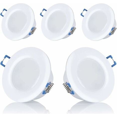 Lot de 5 spots LED, encastrables, pour salle de bain, IP44, 230 V, ultra plats, 5 W, disponibles en blanc chaud et blanc froid, ronds, blanc, pour salle de bain,Diamètre d'ouverture : 75-80mm [Classe (1/4)
