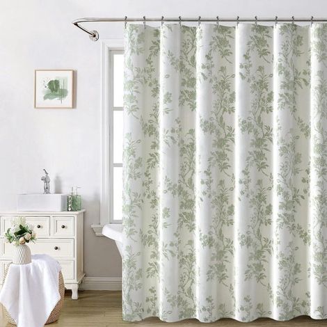 Cortina de ducha verde salvia de 182 x 182 cm (72 x 72 pulgadas), Algodón con estampado floral estilo cottagecore, Impermeable y elegante (1/5)