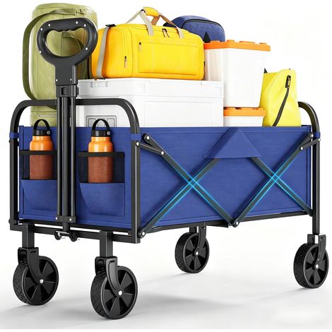 Chariot de camping pliable robuste 220L avec roues, poignée réglable et porte-gobelets pour jardin extérieur-Bleu (1/5)
