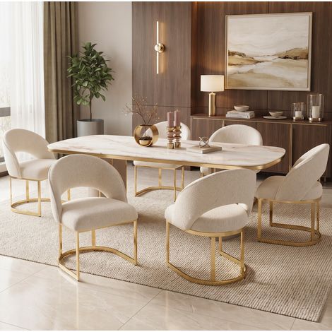 Set mit 6 Esszimmerstühlen aus beigefarbenem Bouclé mit goldenen Metallbeinen OKWISH (1/5)