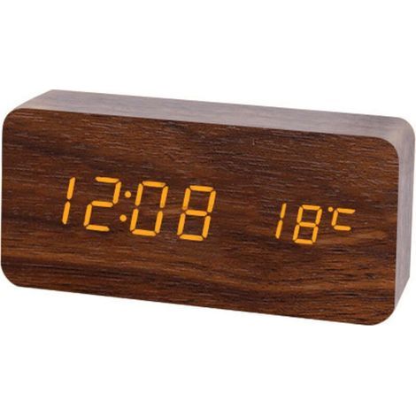 LED Réveil en Bois Numérique Réveil Bureau - Réveil moderne en bois Date Température Affichage Humidité 12/24 Heure - Pour la maison, la chambre à coucher, le bureau (Marron) (1/5)
