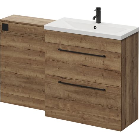 Napoli 390 Cento Tobacco Oak 1400mm 2 Drawer Vanity Unit Toilet Suite with Glide Basin - 1400mm - Matt Black 480mm HandleWithout Kingston Toilet Pan
