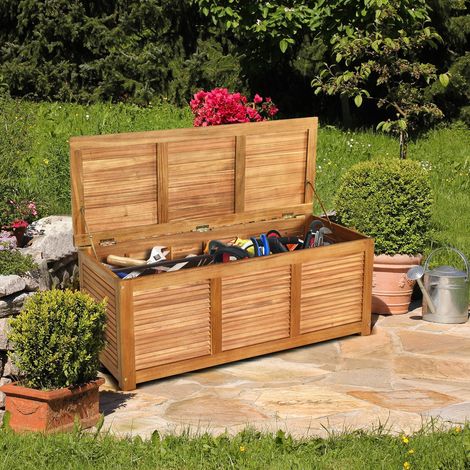 Banc coffre de jardin en bois d'acacia naturel 46 gallons avec couvercle rabattable et poignée galvanisée pour patio et terrasse (1/5)