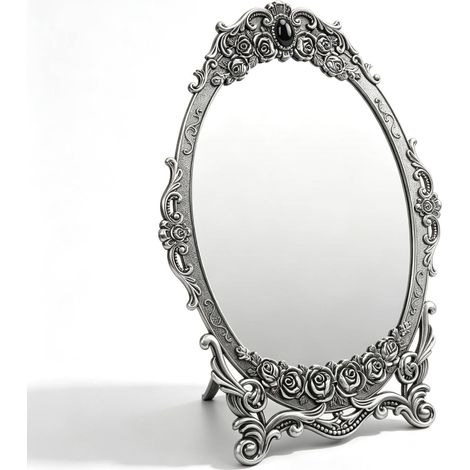 Miroir de Maquillage Vintage, Miroir de Table, Miroir de courtoisie Antique, Miroir décoratif Floral, Bords perlés en Relief, Image Claire, de Toilette Fonctionnel avec (Ancien en étain) (1/5)