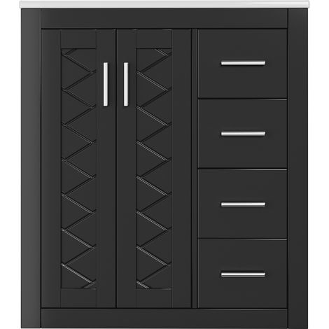 Meuble de salle de bain avec lavabo intégré en céramique, MDF noir laqué, 76 x 46,5 x 85,5 cm, 3 tiroirs silencieux et double portes à charnières soft-close (1/5)
